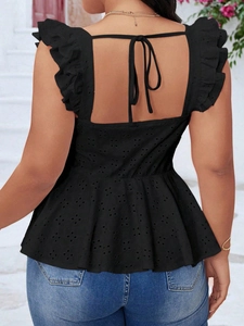 Women's black eyelet cotton top with ruffle sleeves, back tie design and peplum hem