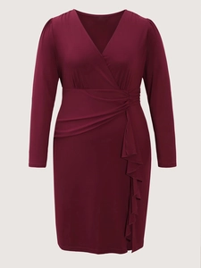 Elegant wine red V-neck long sleeve dress with waist ruching and ruffle detail