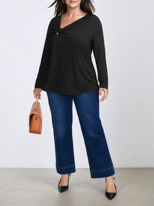 Women's V-neck long sleeve black T-shirt with chest pleats and gold button detail