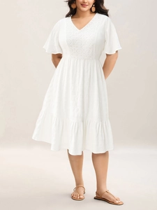 Plus Size Women V-Neck Ruffle Sleeve Dress White Lace Patchwork High Waist A-Line Midi Dress Summer Casual Elegant Gown