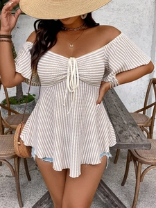 Khaki striped off-shoulder knit top with drawstring tie and ruffled sleeves for women