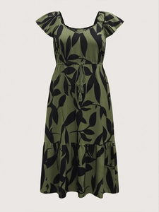 Floral print midi dress with flutter sleeves and drawstring waist in olive green