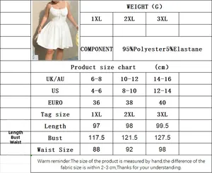 Size chart for plus size white embroidered dress showing measurements and fabric details