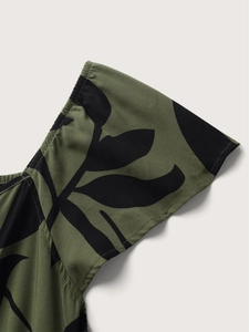 Floral midi dress with flutter sleeves and drawstring waist in olive green botanical print