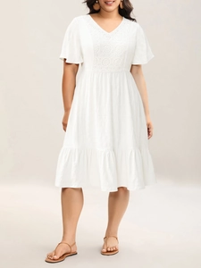 White V-neck plus size midi dress with lace detail and ruffle hem for summer