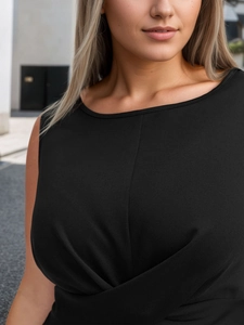 Elegant black sleeveless midi dress with criss-cross pleated waist and classic round neck