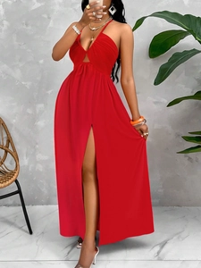 Robe longue rouge sexy avec col licou en V profond et fente haute pour femmes en été