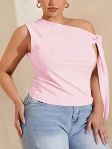 Pink off-shoulder sleeveless top with shoulder tie detail and casual summer style