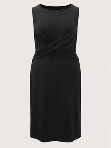 Elegant sleeveless black midi dress featuring a stylish cross waist twist and round neckline