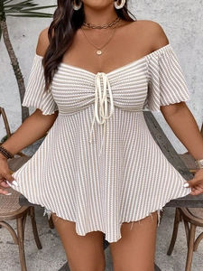 Women's off-shoulder khaki striped knit top with lace-up waist and ruffle hem details