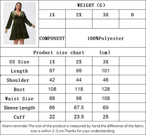 Detailed size chart for plus size velvet party dress showing measurements in centimeters