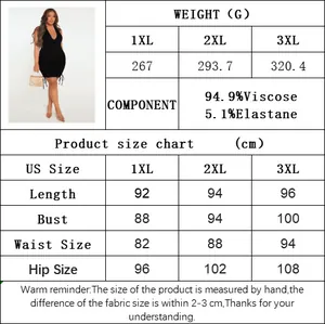 Size chart for V-neck halter dress showing measurements in cm and fabric weight