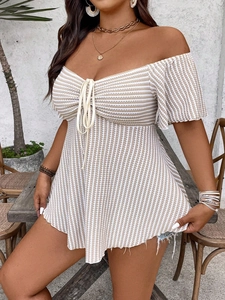 Close-up of khaki striped off-shoulder top with drawstring bust and ruffle hem