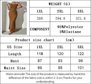 Detailed size chart for the backless fishtail dress including 1XL to 3XL measurements