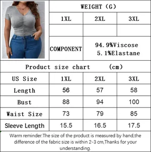 Size chart for women plus size V-neck top with fabric details and measurements