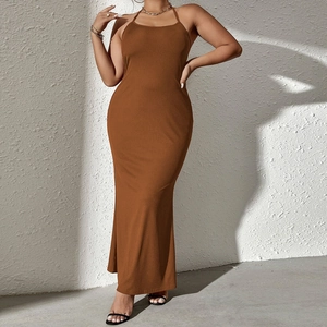 Women's Plus Size Sexy Halter Backless Fishtail Maxi Dress Ribbed Knit Sleeveless Bodycon Long Party Clubwear Dress