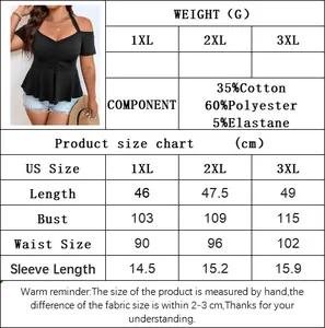 Size chart for plus size off-shoulder top with detailed measurements and fabric specs