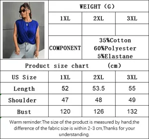 Size chart for women's plus size sleeveless top detailing US sizes 1XL to 3XL and fabric data