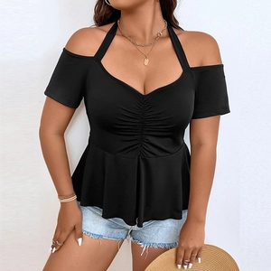 Women Plus Size Cotton Blend Halter Neck Cold Shoulder T-Shirt Sexy Ruched Peplum Hem Casual Short Sleeve Summer Top