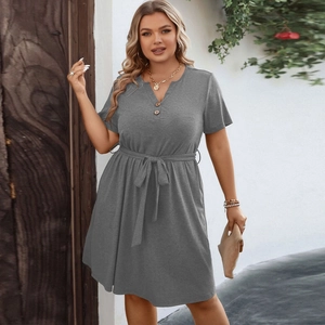 Women Plus Size V Neck Short Sleeve Dress Casual Solid Color A Line Midi Dress With Belt Button Detail Summer Fashion Clothing