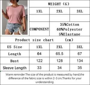 Detailed size chart for women's plus size knit T-shirt with fabric material composition