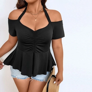 Women's black halter cold-shoulder peplum top with ruched front and short sleeves