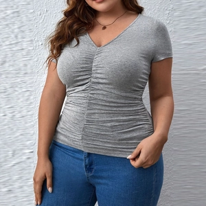 Women's plus size grey V-neck T-shirt with slim fit ruched design for a flattering look