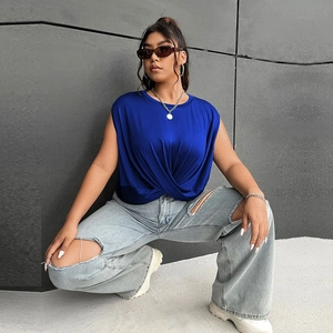 Women's royal blue sleeveless top with twist front knot design and casual round neck