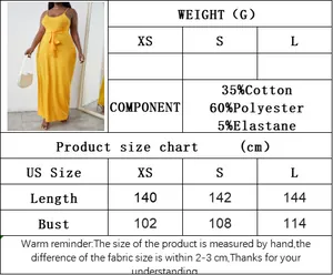 Size chart for knit maxi dress detailing US XS/S/L measurements and fabric material
