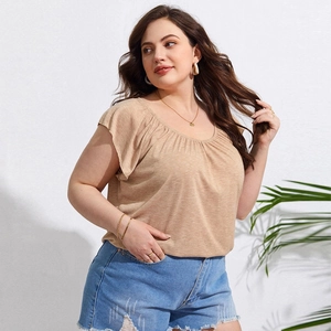 Women's plus size casual khaki T-shirt with ruffle sleeves and crew neck in a soft knit fabric