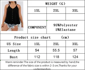 Size chart for V-neck plus size tank top showing 1XL to 3XL measurements and fabric data