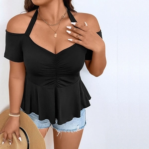 Elegant black cold-shoulder halter top with peplum hem and pleated V-neck design