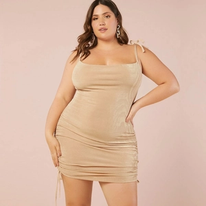 Women Plus Size Sexy Ruched Bodycon Cami Dress Bow Tie Shoulder Strap Champagne Gold Sleeveless Party Mini Dresses