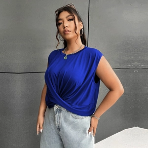 Detail of blue sleeveless top featuring a stylish front twist knot and round neckline