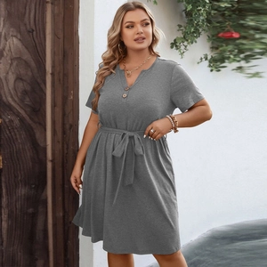 Elegant grey short sleeve V-neck A-line dress with waist belt for women in a casual style