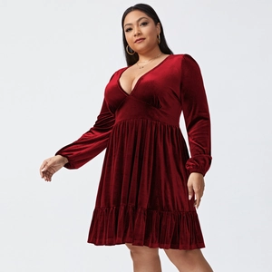 Elegant plus size wine red velvet dress with deep V-neck and ruffled hem for party wear