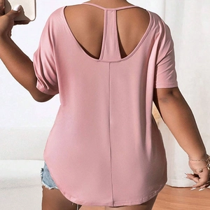 Women's plus size knit T-shirt with back hollow out design in dusty rose pink