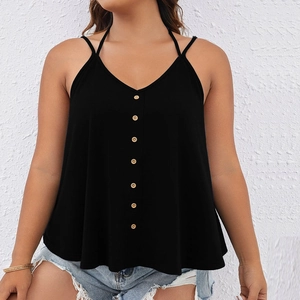 Plus Size Women V Neck Tank Top Casual Sleeveless Summer Camisole With Buttons Double Straps Loose A Line Shirt Top