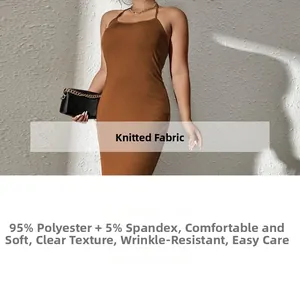 Detail of brown knitted halter neck dress showing soft ribbed fabric texture and slim fit