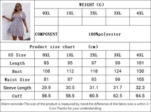 Detailed size chart for plus size V-neck floral dress showing 0XL to 4XL measurements