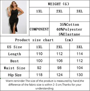 Size chart and fabric info for V-neck plus size dress with side slit and slim fit details