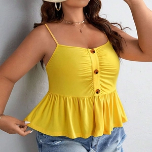 Summer yellow off-shoulder tank top with ruffles and buttons for women in casual style