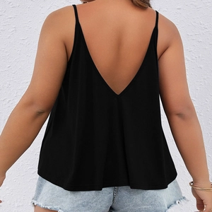 Women's black V-neck backless camisole top with thin straps in a casual summer style