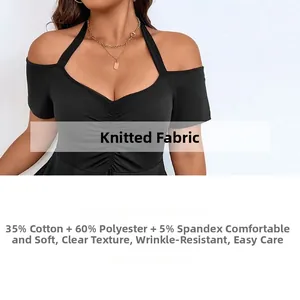 Detail view of black halter neck top fabric blend with cotton and polyester specs