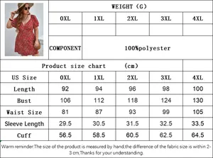 Size chart for floral plus size V-neck dress from 0XL to 4XL with measurement details