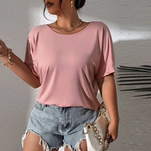 Women Plus Size Casual Knit T-Shirt Loose Round Neck Short Sleeve Solid Color Back Hollow Out Soft Breathable Summer Fashion Top