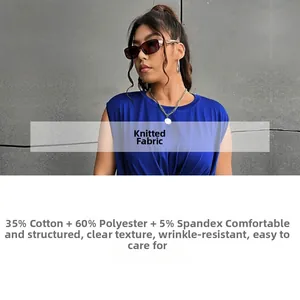 Detail of blue sleeveless knit top showing round neck and 35% cotton fabric composition