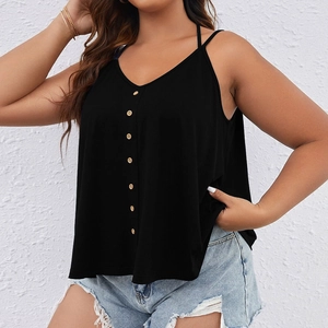 Women's plus size black V-neck camisole with decorative buttons and casual summer style