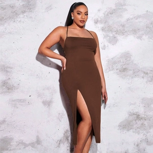 Women Plus Size Sexy Backless Cami Dress Solid Color High Slit Ruched Bodycon Midi Dress For Summer Party Clubwear