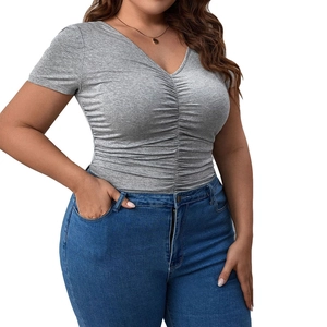 Slim fit plus size women's V-neck T-shirt in light grey with ruched drawstring detail